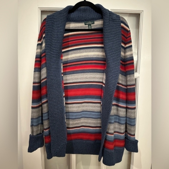Ralph Lauren | Lauren Jeans Co Red/Blue/Grey Striped Open Front Cardigan Size L - Picture 1 of 7